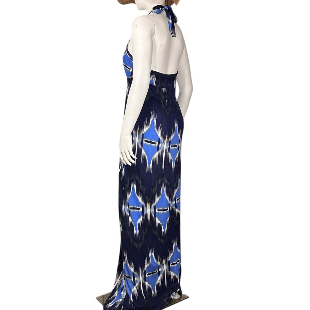 Banana Republic M Abstract Blue Ikat Maxi Halter Dress Modern Boho Modal - Picture 4 of 12